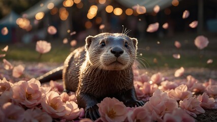 Wall Mural - A cute otter surrounded by pink flower petals, capturing a serene and playful moment.