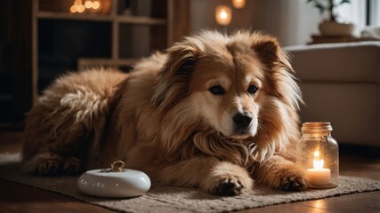 Wall Mural - A cozy indoor scene featuring a golden dog resting beside a candlelit jar.