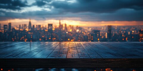 Wall Mural - City skyline at twilight with illuminated buildings and a wooden table in the foreground