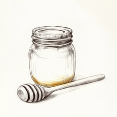 Poster - Honey jar, wooden dipper, light background, kitchen setting, food packaging