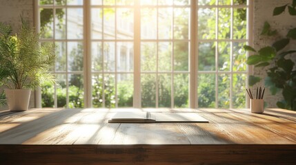 Wall Mural - Wooden table in sunny office with big windows