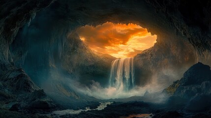 Canvas Print - Cave Waterfall Sunset Fantasy Landscape