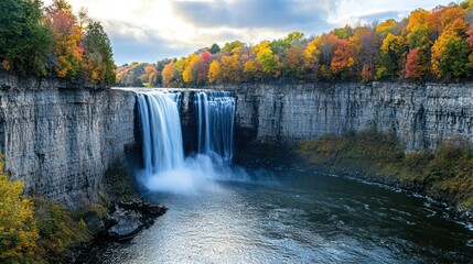 Wall Mural - Autumn waterfall scenic landscape, colorful foliage, river, nature background