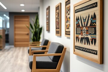 Wall Mural - A modern hallway featuring wooden chairs, vibrant wall art, and indoor plants, creating a welcoming and artistic atmosphere.