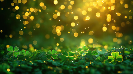Wall Mural - shining clover shamrocks and golden bokeh in a festive background for st. patrick's day celebration
