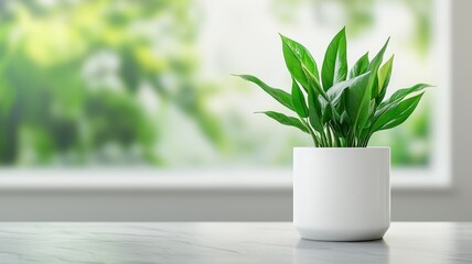 Wall Mural - A vibrant green plant in a simple white pot sits on a table, with a blurred outdoor background creating a serene atmosphere.