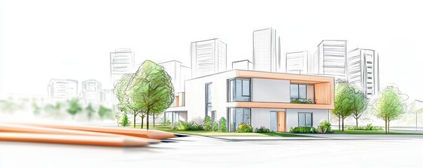 A modern architectural sketch featuring a stylish building surrounded by greenery and city skyline in the background.