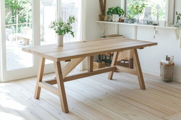 Wall Mural - A wooden dining table with a minimalist design, surrounded by natural light and greenery, creating a serene and inviting atmosphere.