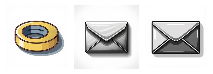 Poster - Three icons on white: a golden ring, a gray envelope, and a grayscale envelope. Simple, isolated, and graphic elements.
