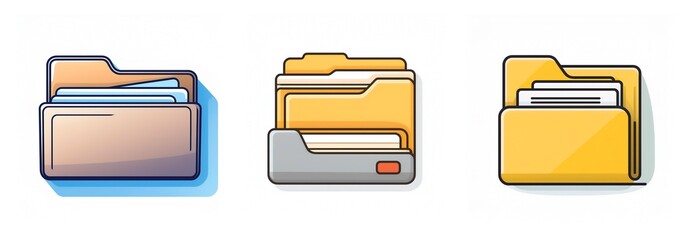 Fototapete - Three folder icons are displayed in a row. Each icon is a stylized depiction of a file folder, with varying colors and slightly different designs.