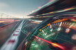 © SANA - A high-speed speedometer scoring maximum velocity, with its needle pinned near the top, against a blurred racetrack background