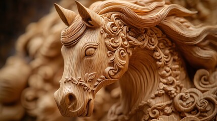 Wall Mural - The artistic beauty of wooden carved horses