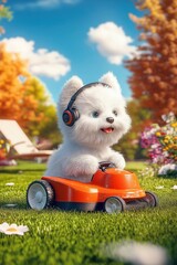  A funny white dog mows the grass with a lawn mower, listens to music with headphones. 3D children's illustration. A sunny summer day. Pets in nature, at the cottage, summer, heat.