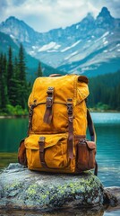 Yellow backpack by alpine lake for hiking adventure travel stock photo