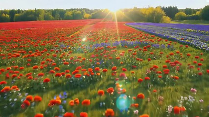 Wall Mural - Smooth gimbal shot colorful field filled blooming poppies cornflowers capturing beauty vibrancy early summer flowers full bloom