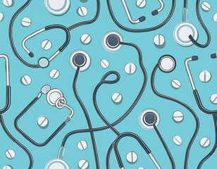 Wall Mural - medical seamless pattern with stethoscopes and white pills hospital textile print design wrapping or
