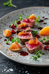 Wall Mural - Delicious plated tuna with orange slices and vibrant garnishes on a decorative white plate