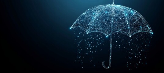 Umbrella Formed By Network Mesh On Dark Background, Cybersecurity And Data Protection Concept.