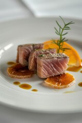 Wall Mural - Tuna and orange dish garnished with fresh herbs served on a white plate in an elegant dining setting