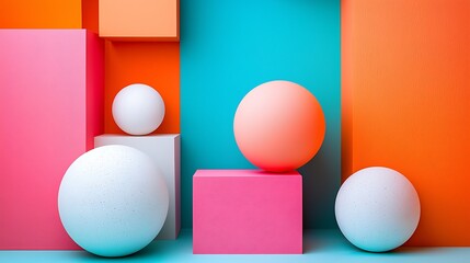 Canvas Print - Colorful spheres balance on geometric shapes, studio backdrop