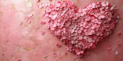 Wall Mural - Heart shape created with pink rose petals on a textured pink background for romantic decoration