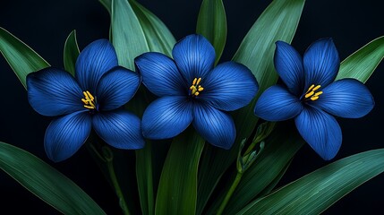 Canvas Print - Dark blue flowers, leaves, close-up, studio shot, botanical art