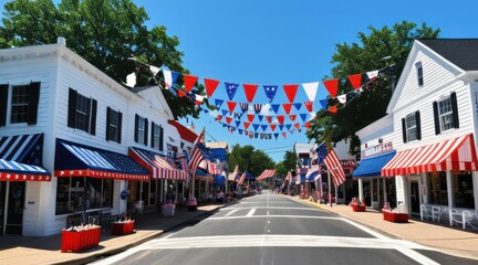 Festive Street Decorated with Red White and Blue Bunting on Sunny Day