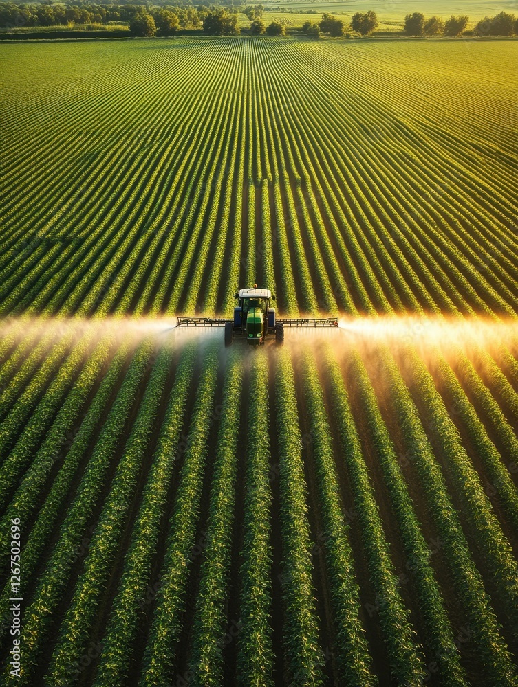 aerial view of tractor spraying pesticides on vast soybean field ...