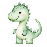Adorable green dinosaur watercolor illustration happy friendly dino