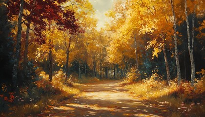  A handpainted Impressionist landscape featuring vibrant autumn trees