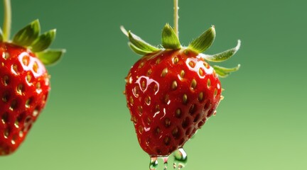 Two Ripe Red Strawberries with Water Droplets Against Green Background