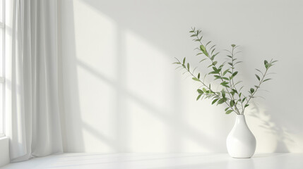 Wall Mural - minimalist interior featuring white vase with green branches, soft natural light, and shadows on light wall creates serene atmosphere