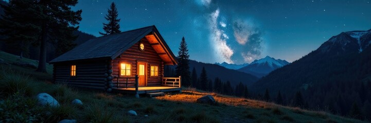 Cabin under starry sky with wooden planks glowing from inside, forest, glow, cabin