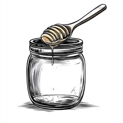 Poster - Honey dripping from spoon into glass jar. Illustration of sweet food