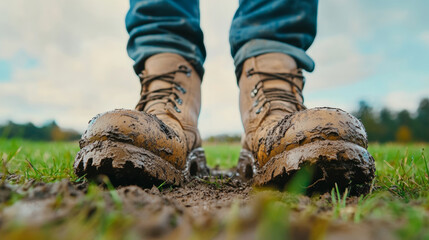 muddy boots resting on a grassy patch with dried mud, capturing the essence of outdoor adventures on