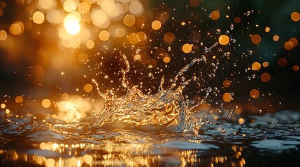 Poster - Golden Water Splash Sunset Bokeh Background