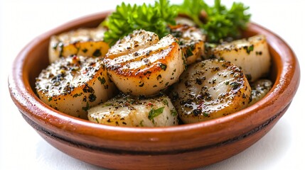 Poster - Grilled scallops in bowl, herbs garnish, white background, food photography