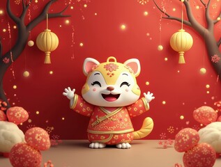 Wall Mural - Happy tiger cub celebrating lunar new year with traditional red lanterns