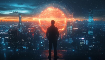 Wall Mural - Engineer silhouette with vibrant energy, standing before a futuristic city backdrop, glowing lights and futuristic architecture, ultrarealistic, 4K