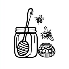 Poster - Honey Jar with Spoon and Bees, Graphic Design, Illustration