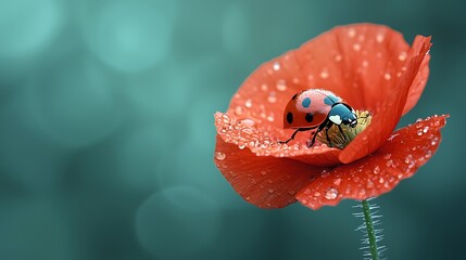 Canvas Print - Ladybug on Dew-Kissed Poppy, Garden Background