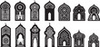© jobaida - Traditional islamic window shapes in oriental style. Set of black silhouette eid mubarak decorative arches, mosque borders or moroccan gates. Arabic muslim architecture design elements, ramadan frames