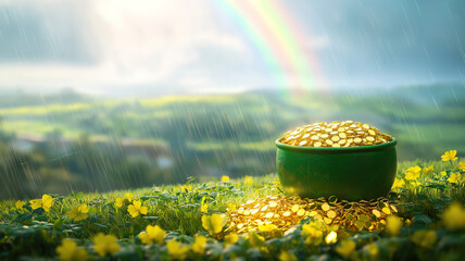 Wall Mural - a pot of gold at the end of the rainbow with green hills for st patrick's day banner