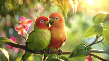 Wall Mural - A pair of lovebirds gently nuzzling on a vine, with a soft blurred background of tropical plants and glowing sunlight.