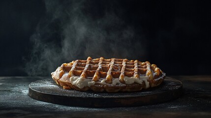 Poster - A moody, dark-food photography shot of a carrot cake waffle with warm lighting, highlighting the texture of the waffle and the richness of the frosting, set against a deep charcoal background