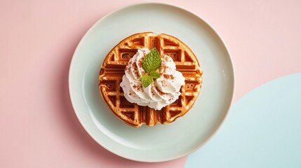 Poster - A single carrot cake waffle, artistically plated with a swirl of cream cheese frosting, a sprinkle of cinnamon, and a sprig of mint, set against a soft pastel background