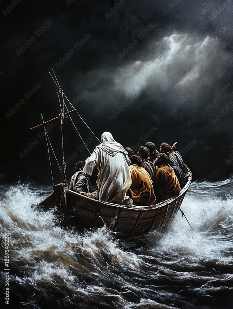 Foto de Stock Jesus calming the storm on the Sea of Galilee, standing ...