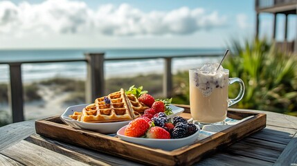 Poster - A summer garden brunch with carrot cake waffles, fresh berries, and an iced lavender honey latte served on a rustic wooden tray