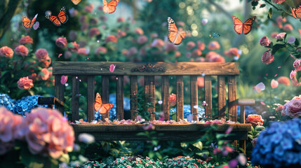 Wall Mural - A peaceful garden scene with a wooden bench surrounded by blooming roses, hydrangeas, and butterflies fluttering around.