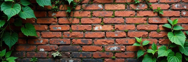 Wall Mural - Weathered brick wall with moss and vines growing on it, texture, rustic, earthy